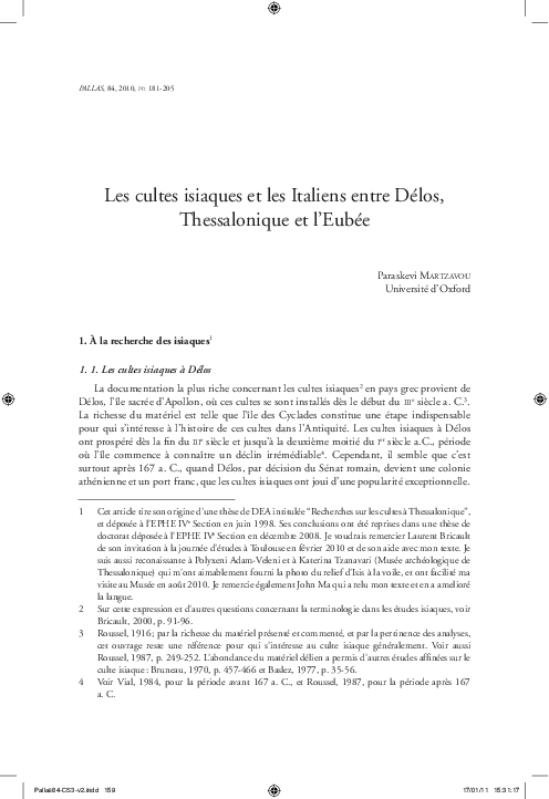 cover image: “Les cultes isiaques et les Italiens entre Délos, Thessalonique et l’Eubée"