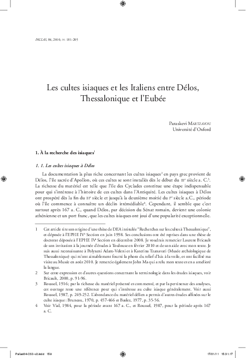 cover image: “Les cultes isiaques et les Italiens entre Délos, Thessalonique et l’Eubée"